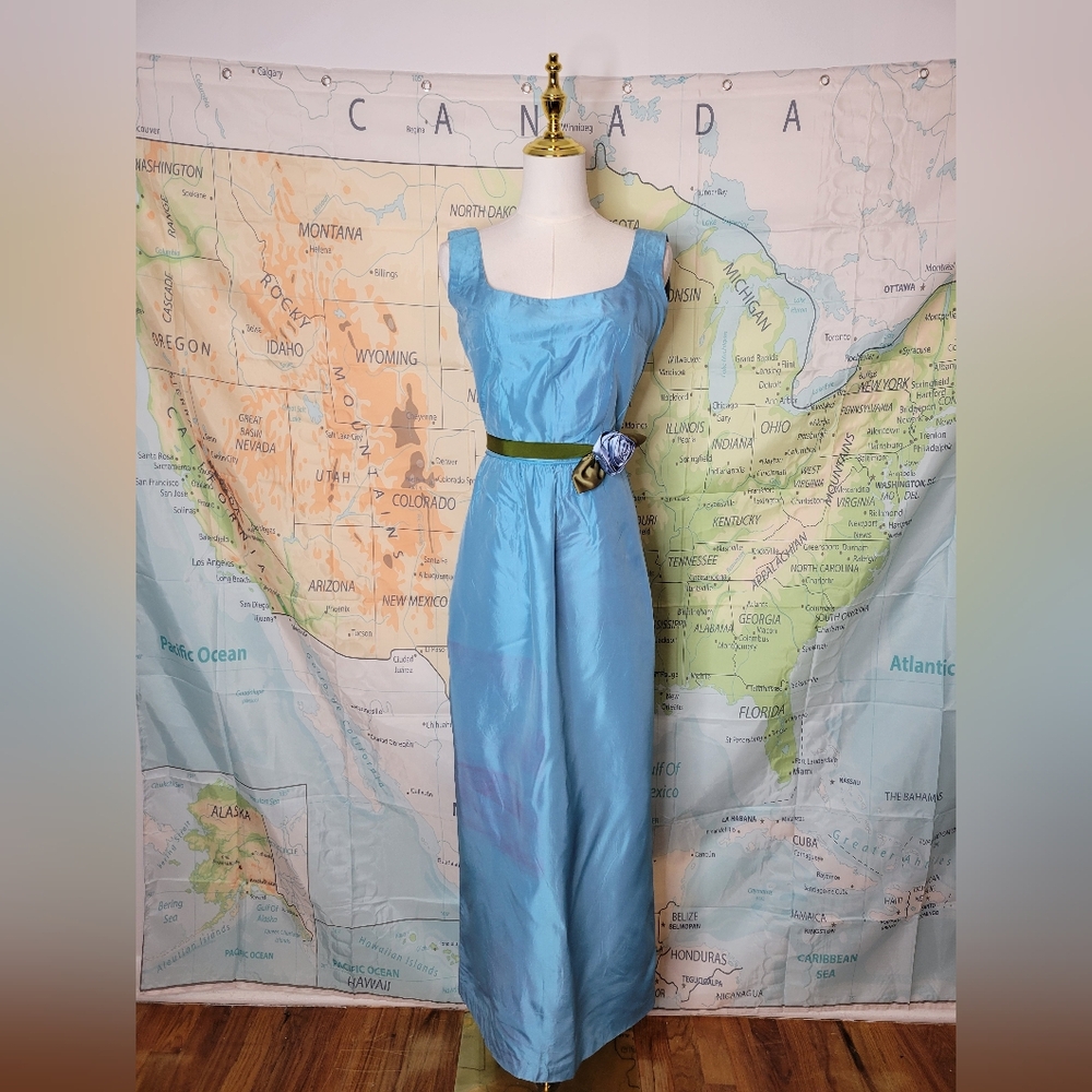 Vintage 1960s Blue Full-length Evening Gown Dress With Rose Tie Ribbon Cocktail